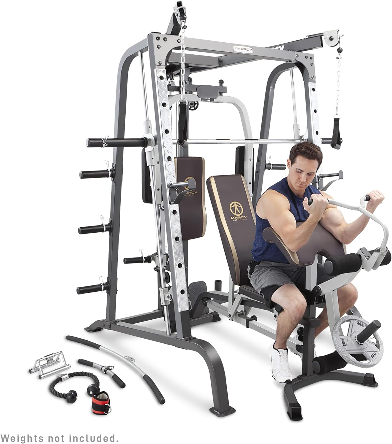"Ultimate Home Gym System: Pro Smith Cage Workout Machine for Full Body Training with Leg Developer, Press Bar, Cable Crossovers, and Squat Rack in Stylish White"